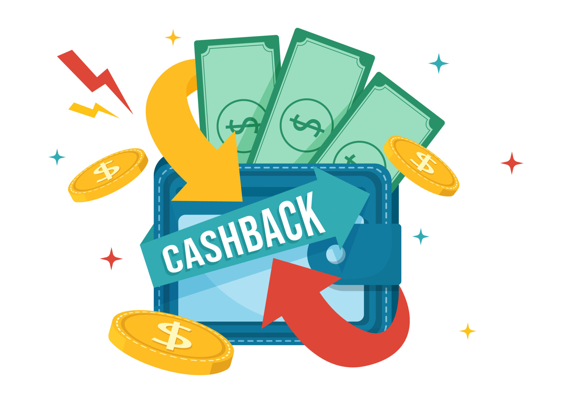 Cashback illustration with financial payment to money cash back service for a buyer in flat cartoon hand drawn for landing page templates vector